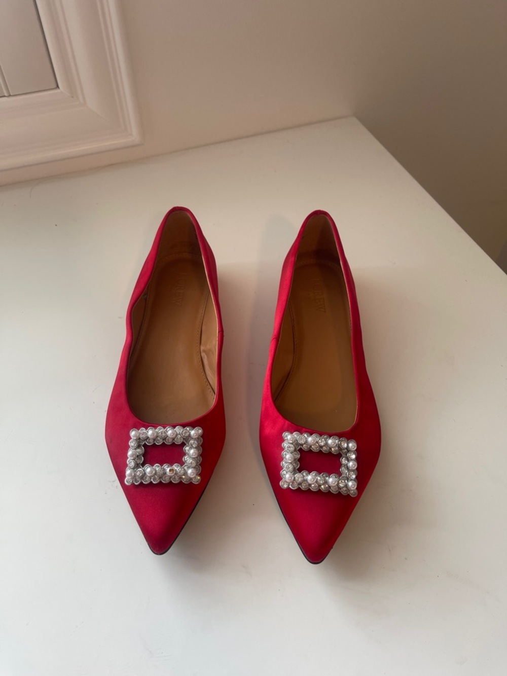 J. Crew Red Pointed-Toe Flats with Pearl Square Buckles